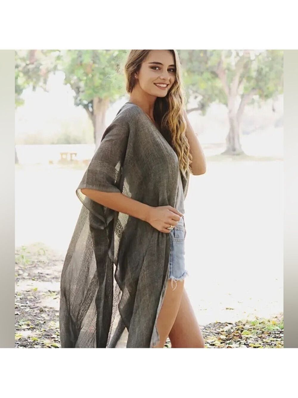 Woven Longline Tribal Kimono - Charcoal